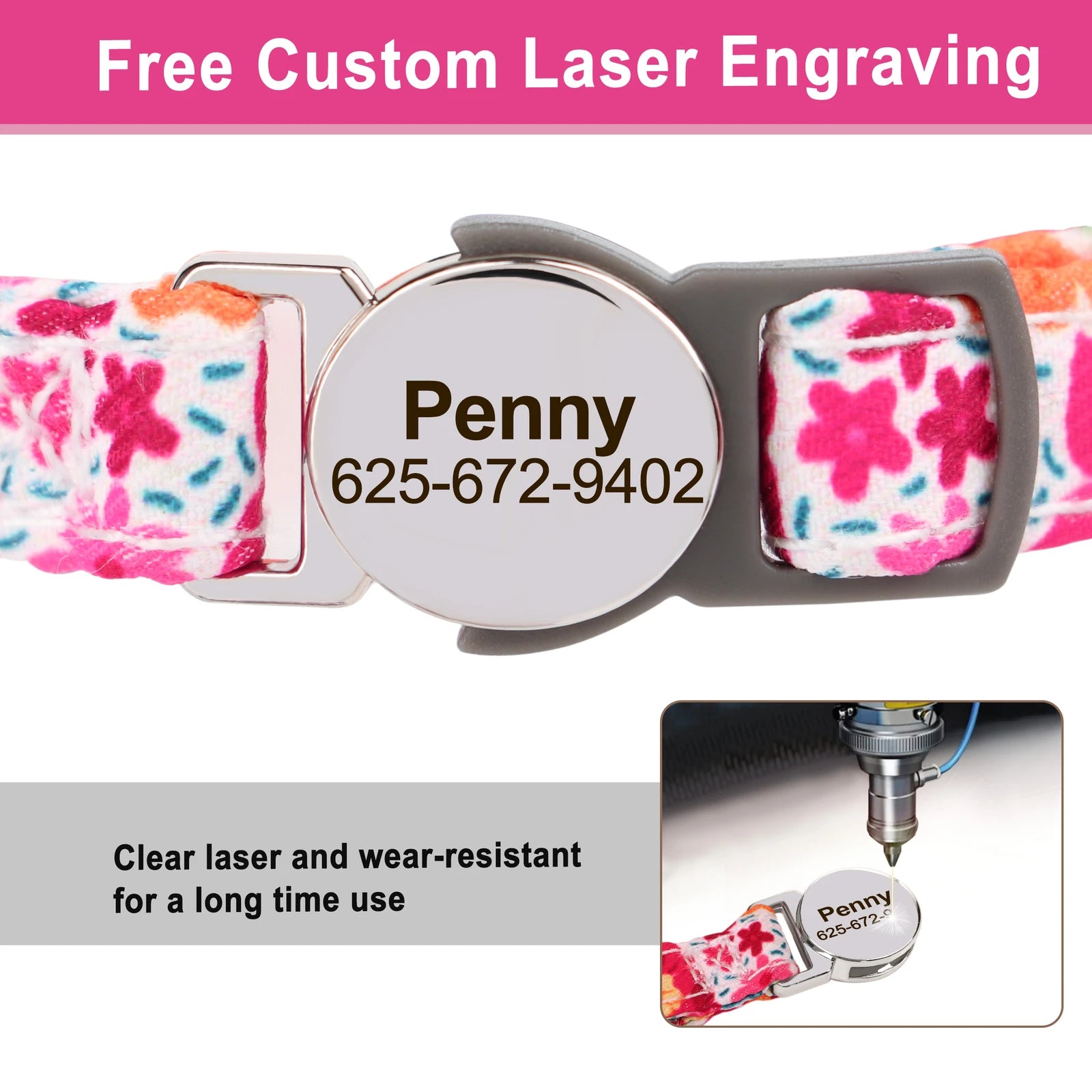 Cute Breakaway Personalized Kitten Cat Collar & Bell Safety Buckle Quick Release Custom Engraved Name ID Tag