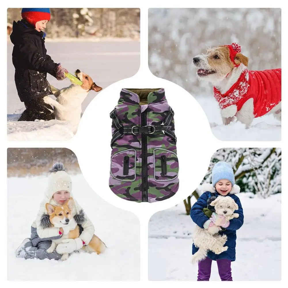 Reflective waterproof winter dog vest with built-in harness, warm pet ski coat from I YAN, suitable for cold weather and outdoor walks.