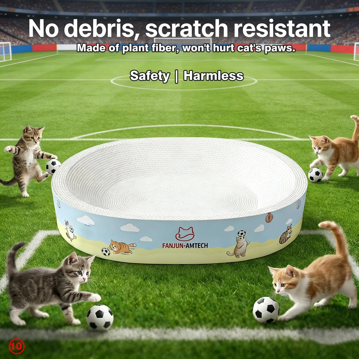 Large oval cat scratcher bed by I YAN with corrugated lounge and anti-slip base, providing a cozy scratching and resting spot for cats.