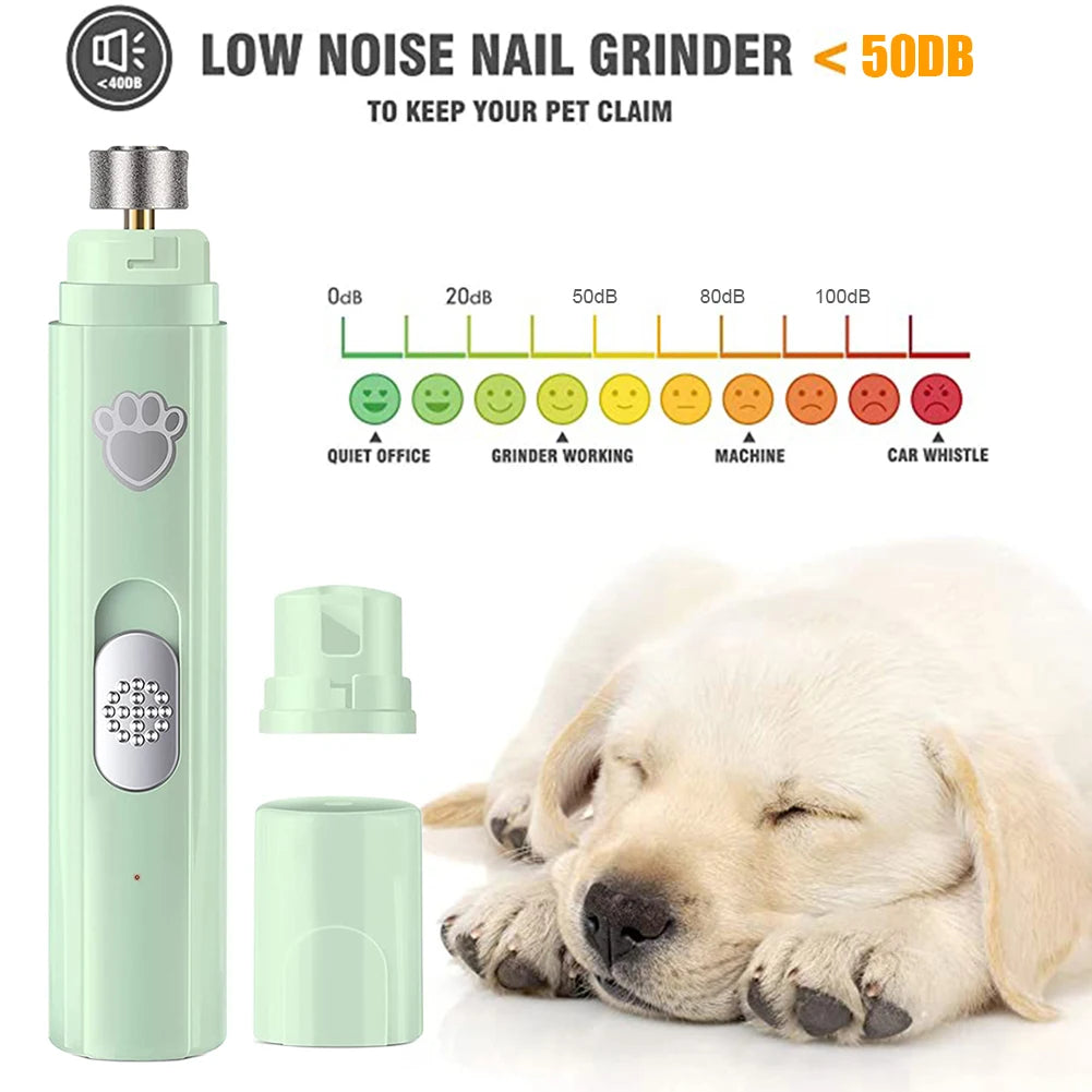 I YAN electric pet nail grinder with LED light for cats and dogs, rechargeable USB nail trimmer and grooming tool in black.