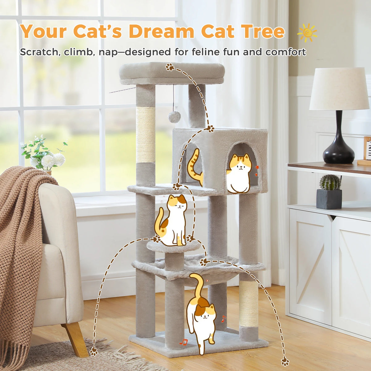 I YAN 5-level cat tree with top perch, soft condo, sisal scratching post, hammock, pompoms, and anti-tip kit for cats.