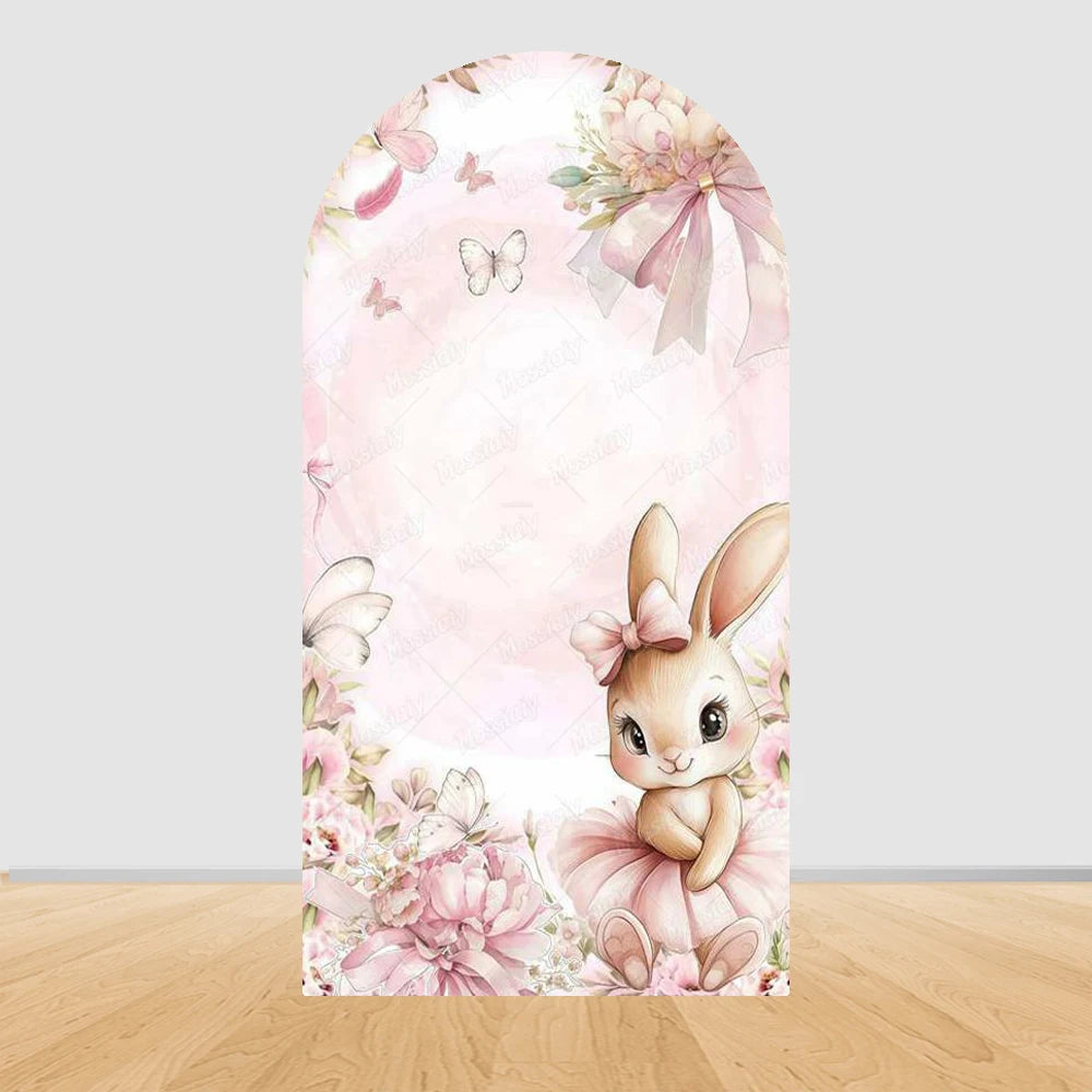 Little Rabbit Pink Flower Bow Baby Girl Birthday Party Arch Backdrop Cover Bunny Baby Shower Arched Photo Background Decor Props