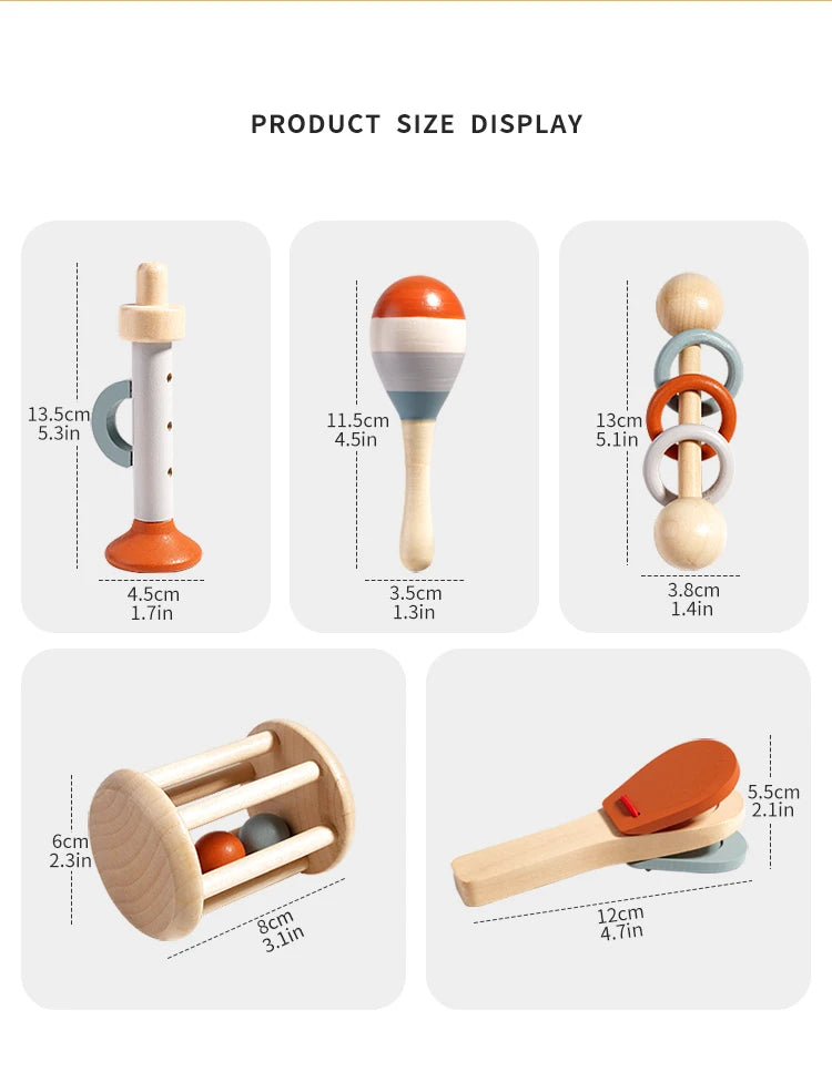 Set of five baby musical instruments including rattles and percussion toys from I YAN for sensory play and early learning.