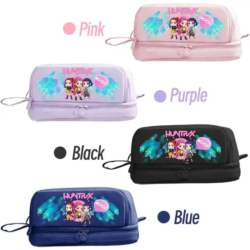 I YAN Kpop Demon Hunters pencil case with double-layer design, anime stationery bag for kids, featuring vibrant Demon Hunters artwork.