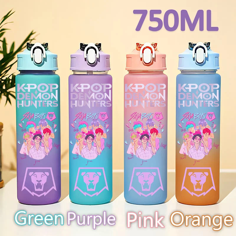 kpop 750ML Demon Hunters Bottle Gourde Gradient Color Water Cup Plastic Drinking Cup gradient straw cup gift