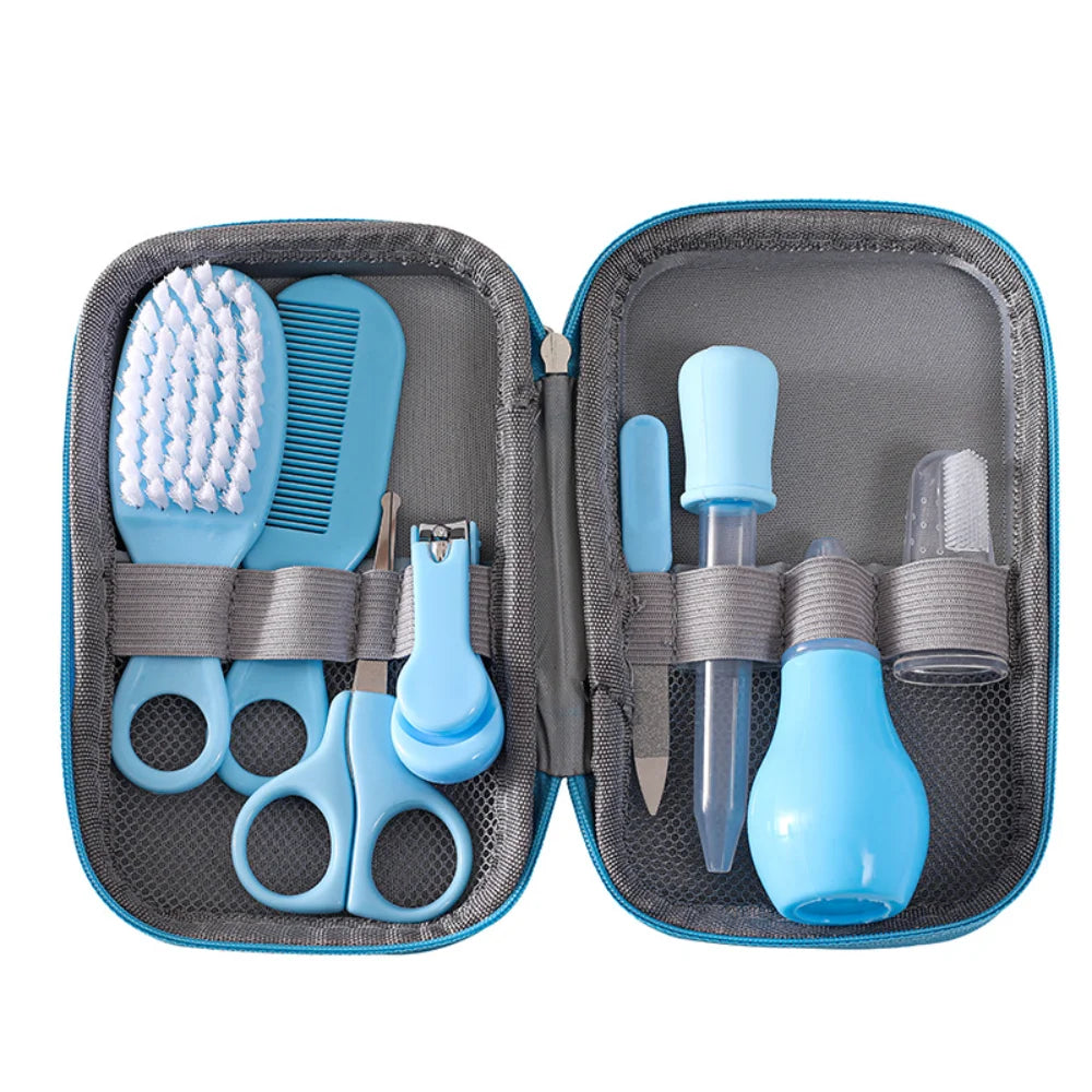 I YAN 8-piece baby grooming kit with hairbrush, comb, nail clippers, scissors, toothbrush, and nasal aspirator for newborns.