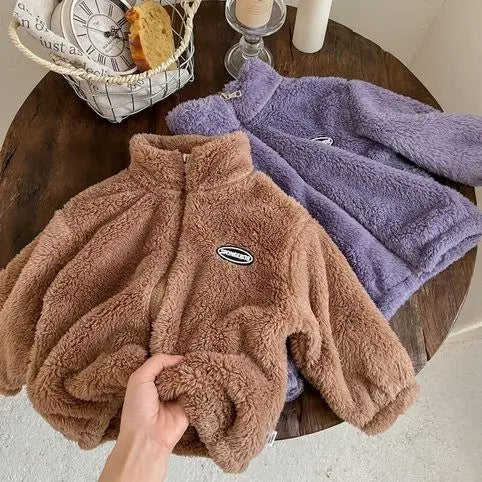 Jackets & Coats Kids Flannel Jacket Autumn Winter Boys Girl Casual Simple Coat Colorful  Lined Top Solid Color Children Clothing