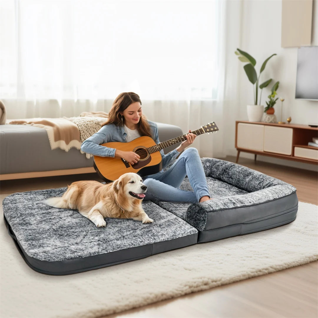 Large 180cm human-size giant dog bed with plush cover, foldable design, calming orthopedic pet bed by I YAN.