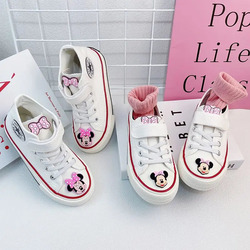 Disney Girls' Canvas Casual Shoes Soft Sole High Top Cartoon Mickey Mouse Minnie Purple White Breathable Shoes Flats Size 24-37