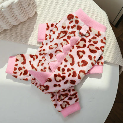 Leopard Dinosaur Dog Pajamas – Warm Fleece Jumpsuit for Small Dogs