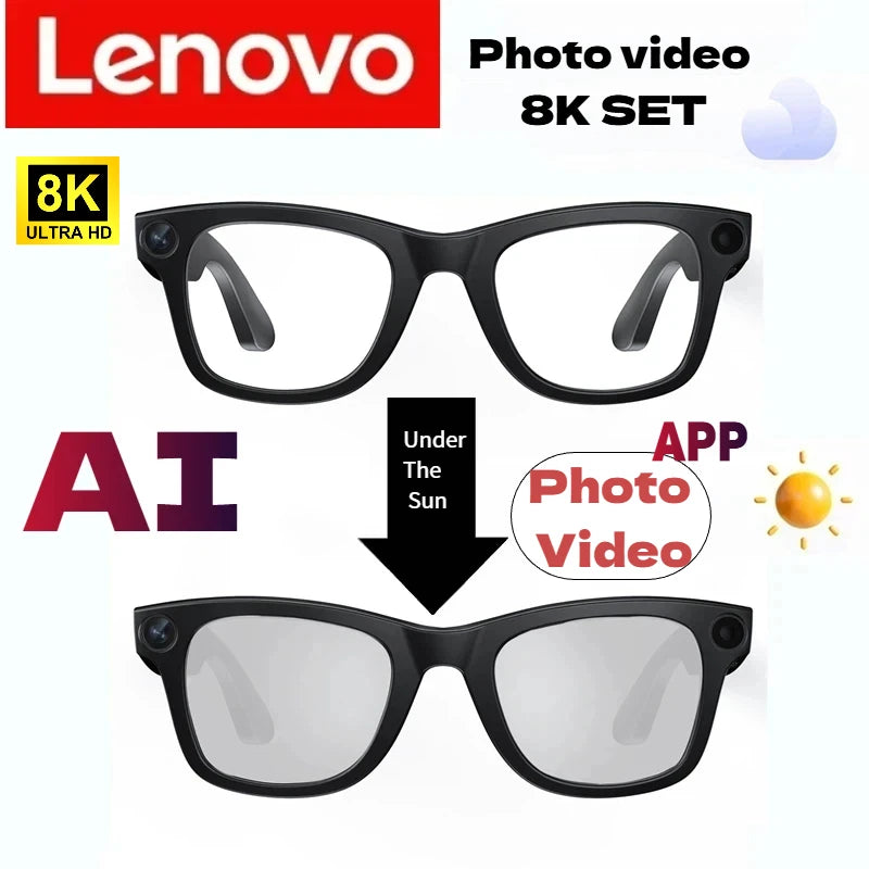 Lenovo 8K 4K AI HD Shooting Smart Glasses Multifunctional Camera Bluetooth Call Music VoicePlayer Translate Photochromic Glasses