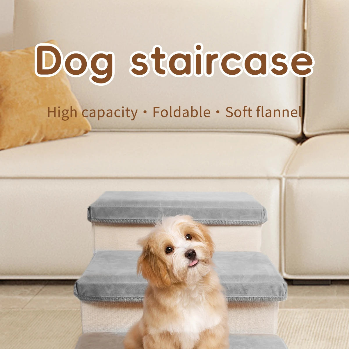 Pet Staircase Designed for Puppies, Senior Dogs, and Injured Dogs. It Has Three Levels and Offers Ample Internal Storage Space.