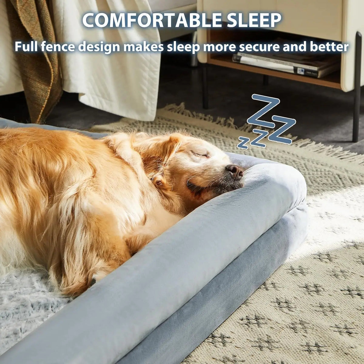 Large washable dog bed by I YAN with waterproof cover, orthopedic sofa with bolster sides for comfortable pet sleeping.