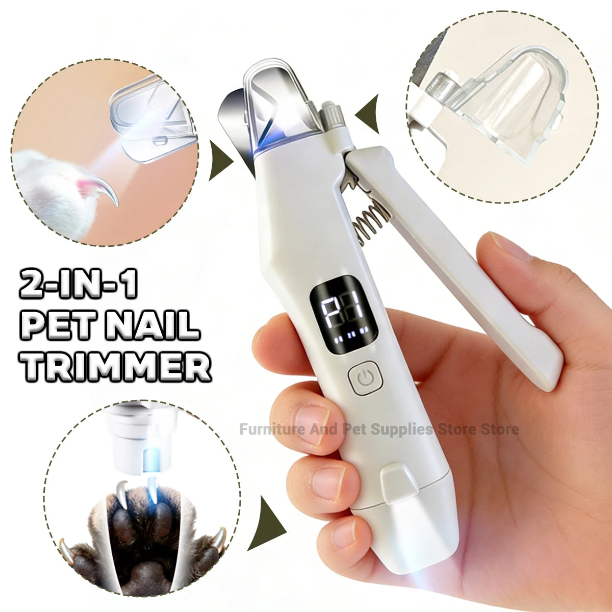 I YAN 2-in-1 electric pet nail trimmer with LED lights, suitable for small to large dogs and cats, showing the grinder and LED light features.