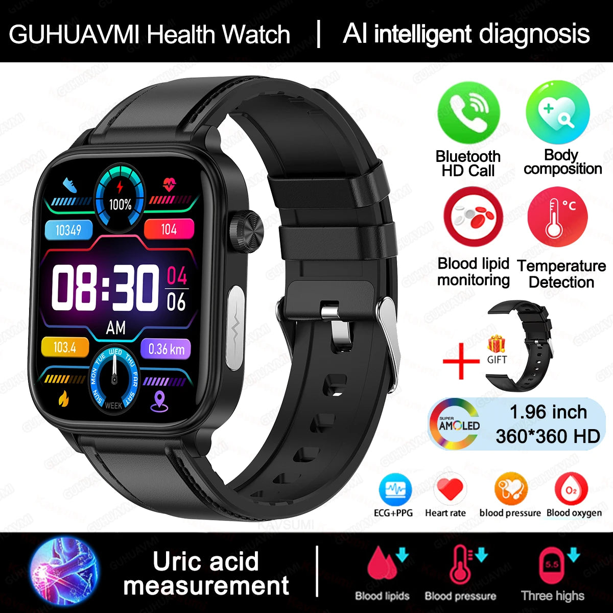 ECG+PPG Monitoring Smart Watch Women Blood pressure Blood Lipid Uric Acid Women Menstrual Health Tracker Smartwatches