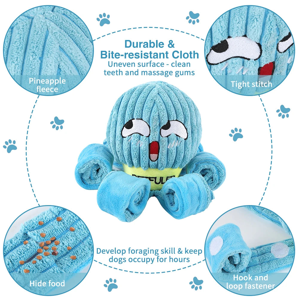 I YAN dog snuffle octopus plush toy with interactive puzzle design for slow feeding and chewing fun for dogs.