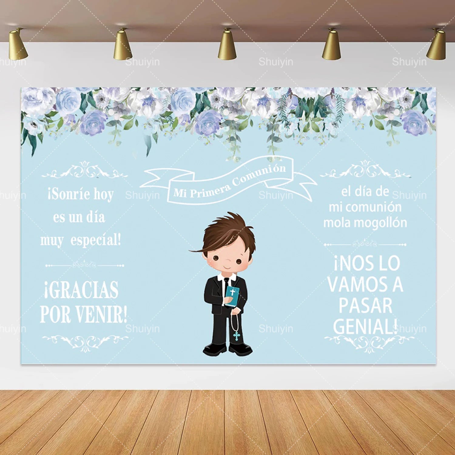 Boy Girl First Communion Backdrop Gold Cross Grail God Bless Baptism Party Decor Background Christening Baby Shower Photo Props