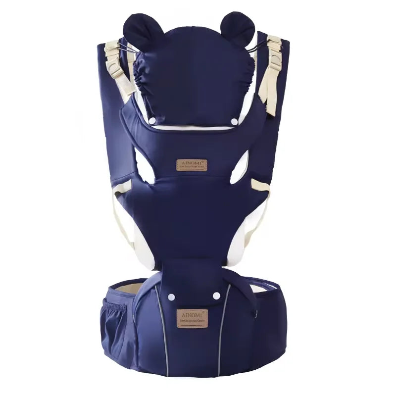 I YAN 3-in-1 baby hipseat carrier backpack with windproof hat, ergonomic infant carrier for 0-36 months, showing adjustable straps and hat