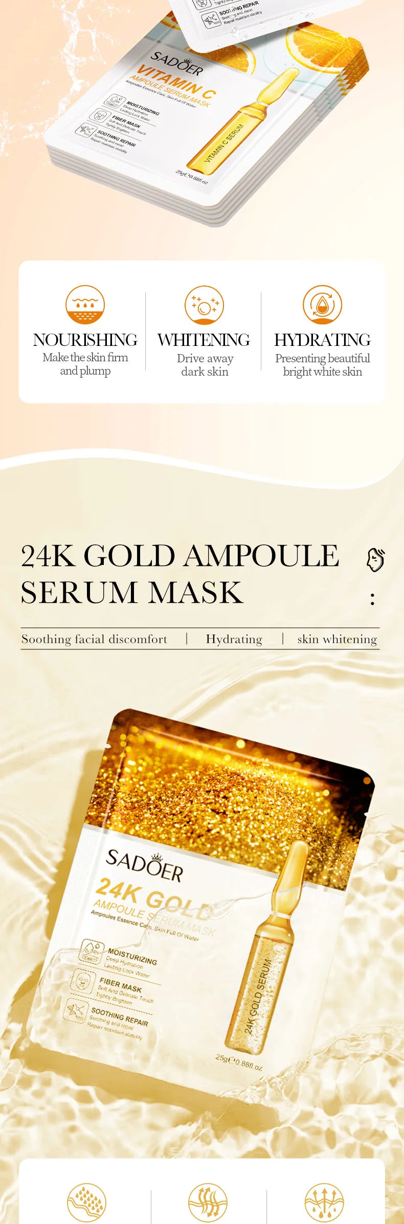 30/15pcs SADOER 24K Gold Vitamin C Hyaluronic Acid Facial Masks Face Moisturizing Firming Hydrating Face Mask Facial Skin Care