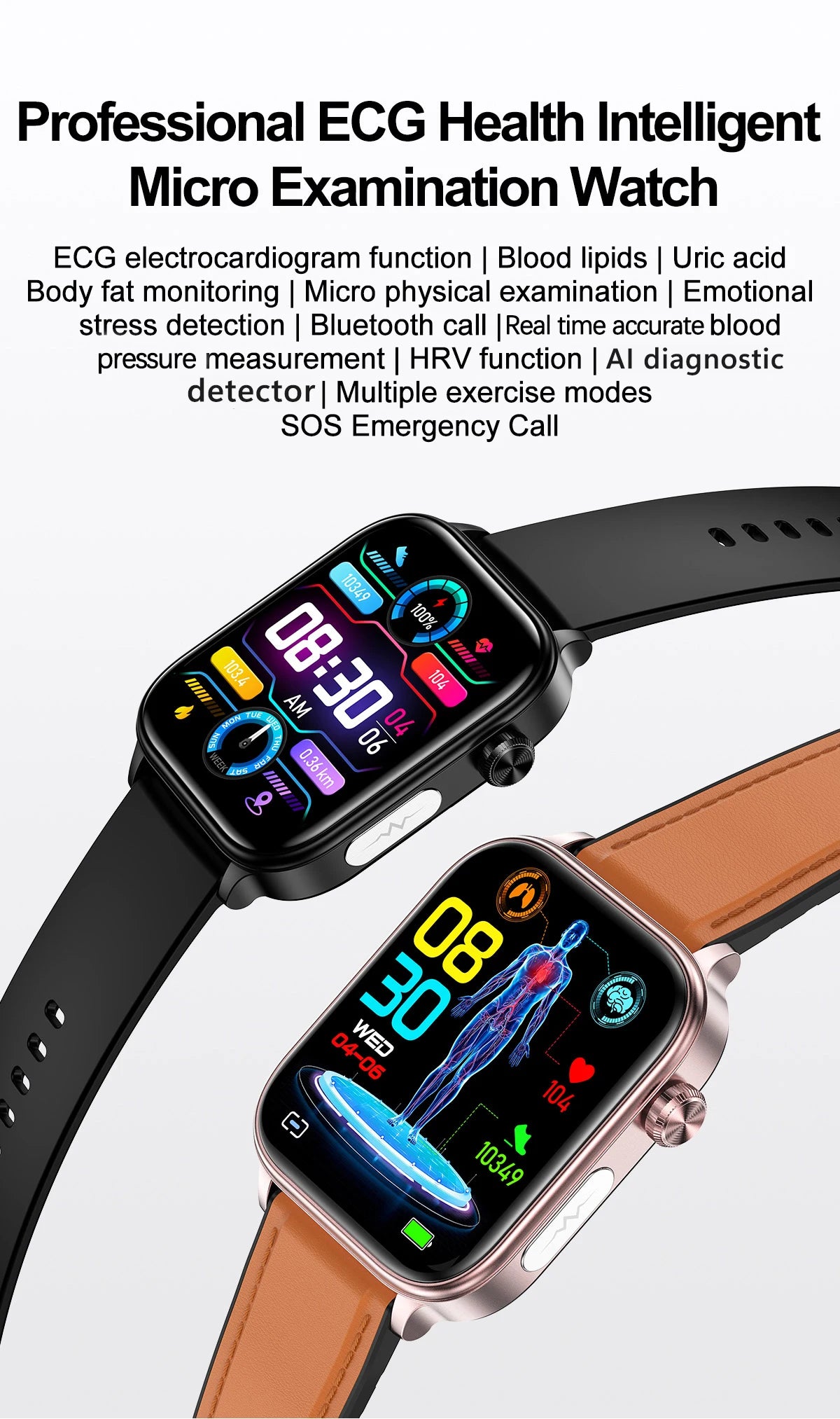 2026 New Blood lipids Uric Acid testing Smart Watch Men ECG+PPG Blood Pressure blood oxygen Bluetooth Call Health smartwatch iOS