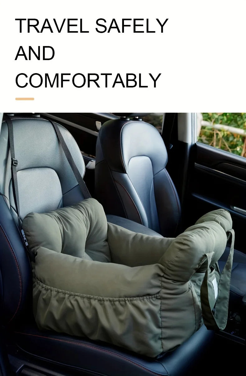 I YAN dog car seat with safety belt for small dogs, non-slip travel carrier secured inside a vehicle.