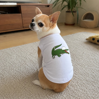 Small dog wearing I YAN crocodile cap pet clothing, spring summer autumn fashion for Chihuahua, Yorkie, Frenchie, puppy singlet.