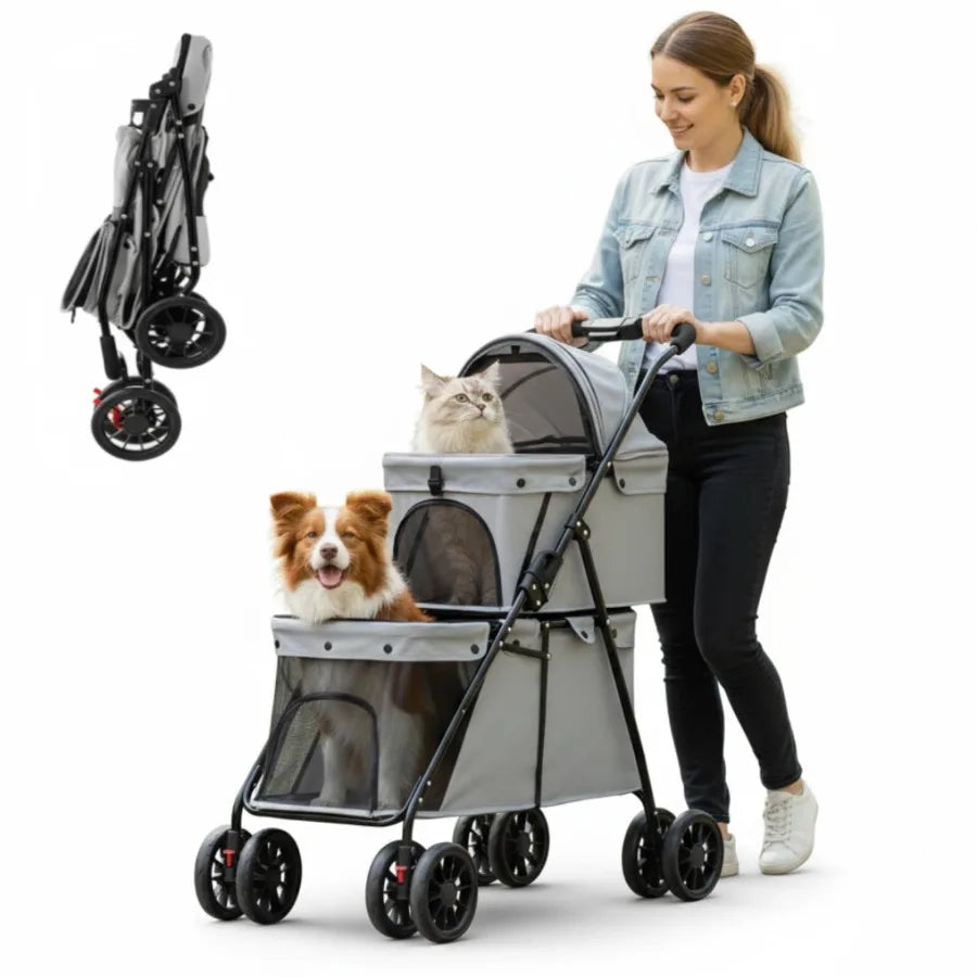 Dark green I YAN 3-in-1 double pet stroller with foldable design, suitable for medium and small dogs or cats up to 50lbs.