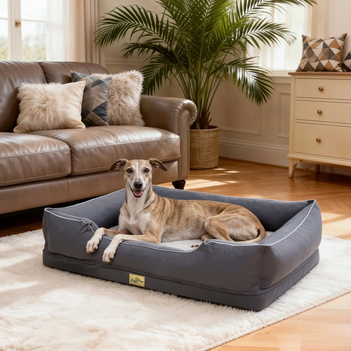 Orthopedic dog bed by I YAN with foam bolster, waterproof lining, removable cover, suitable for large and extra-large breeds.