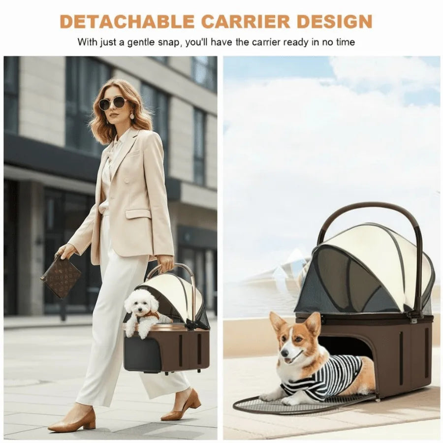 Brown I YAN dual 4-in-1 pet stroller with four wheels, foldable design, suitable for medium dogs and cats up to 50lbs.
