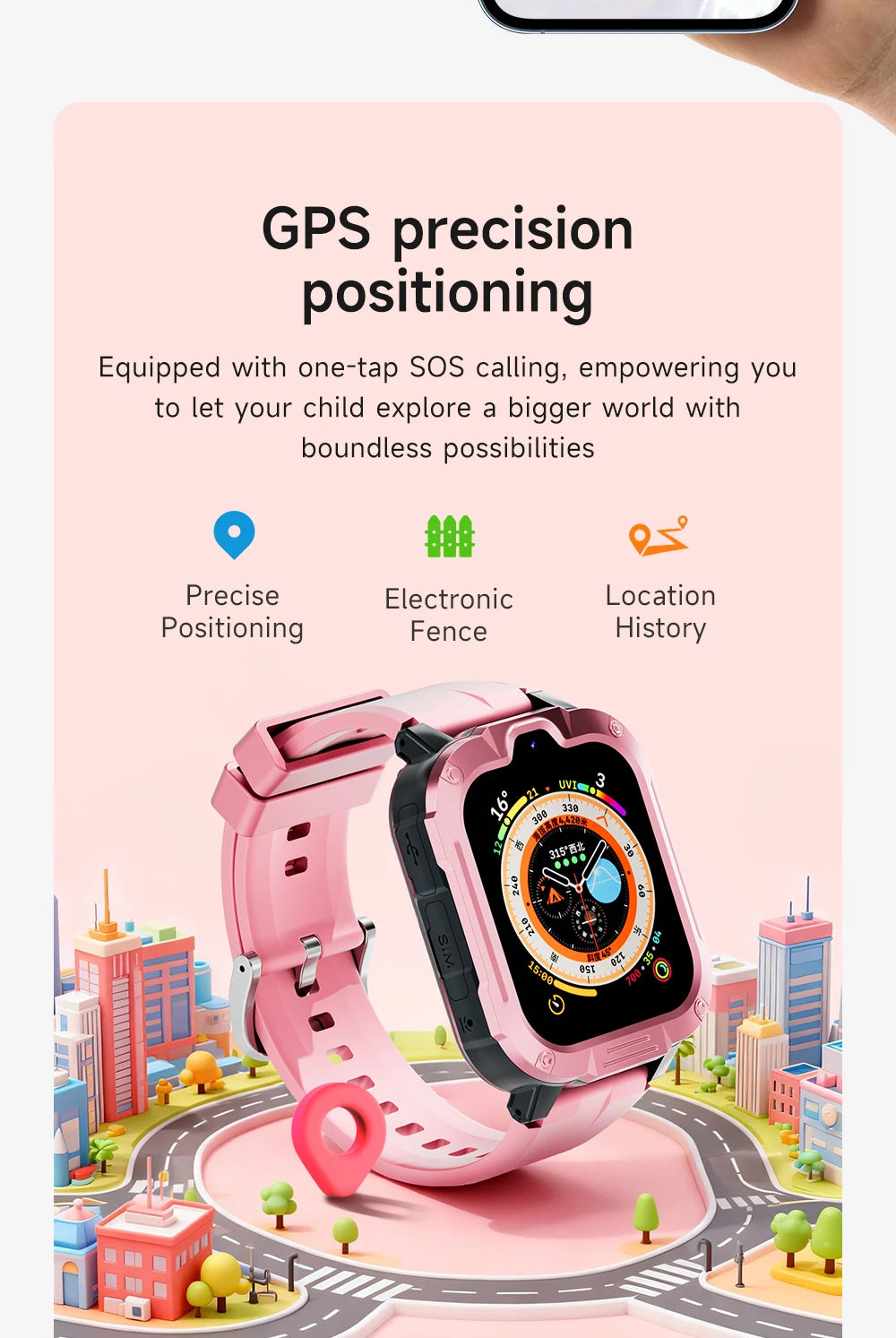 Kids smart watch with GPS, camera, voice monitor, and 4G connectivity, featuring SOS and video call functions by I YAN.