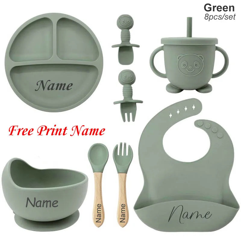 Personalized Baby Feeding Set 8-Piece – Silicone Plate Bowl Cup & Bib with Free Name Print - I YAN