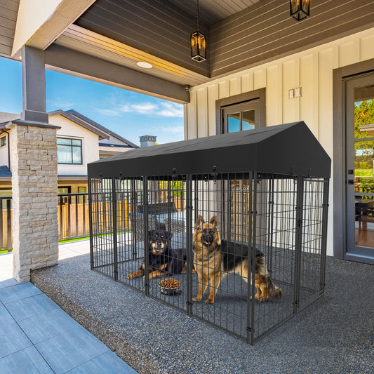 Large outdoor dog kennel with welded wire walls, waterproof canopy, stakes, and crate for yard, by I YAN.