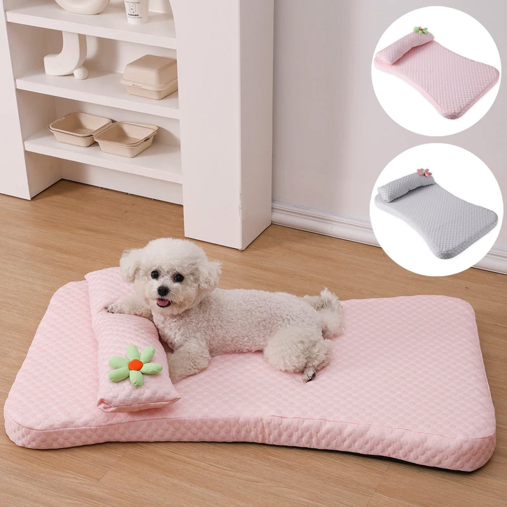 I YAN ice silk pet sofa with thickened dog bed, cooling mat, detachable cushion, elastic sponge, and pillow for medium dogs.