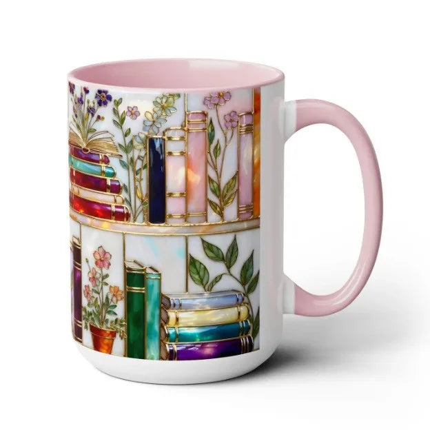 Stained-Glass Style Floral Bookshlef Mug,Book Lover Gift,Bookish Mug Clorful Resin Books Stack Coffee Cup Collection Gifts