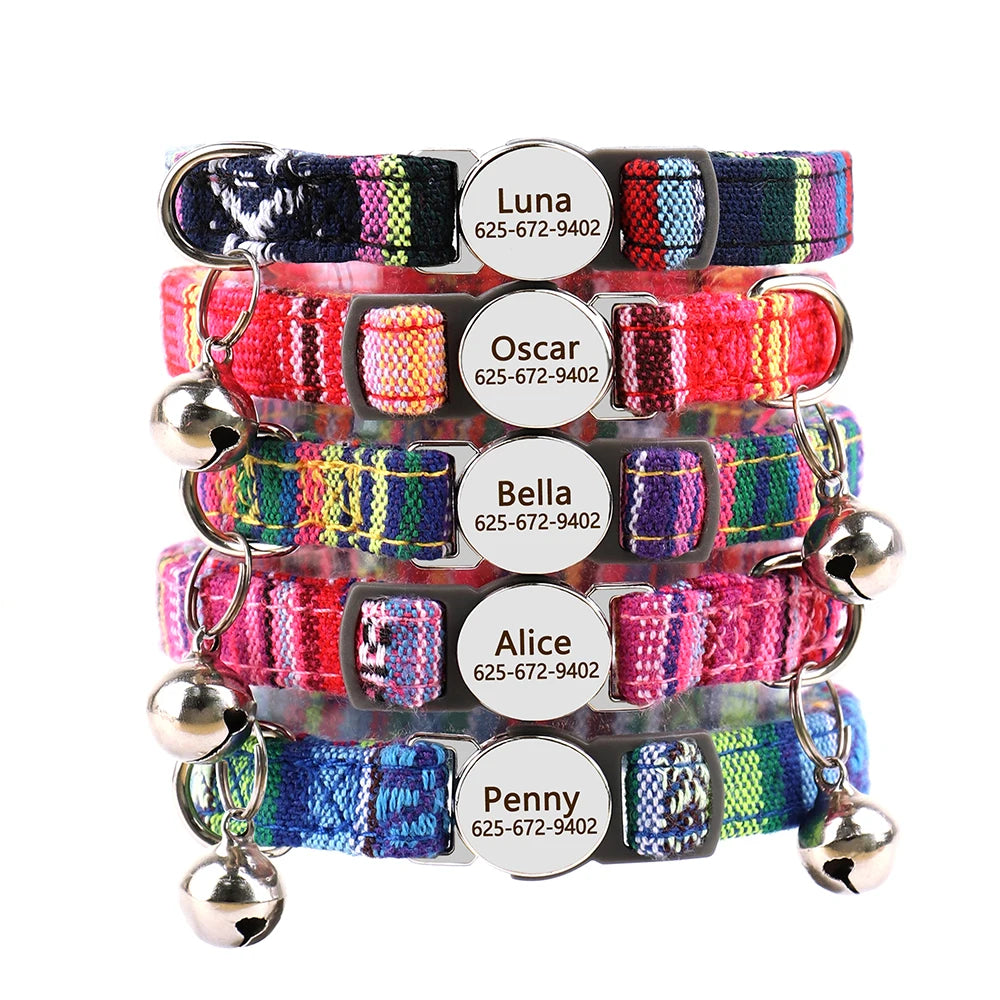 Cute Breakaway Personalized Kitten Cat Collar & Bell Safety Buckle Quick Release Custom Engraved Name ID Tag