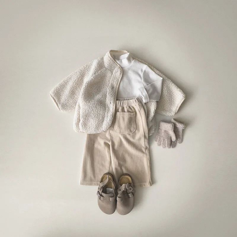 5125 Korean Children's Clothing 2024 Winter Boys and Girls Pure Color Lamb Wool Coat Plus Velvet Padded Jackets