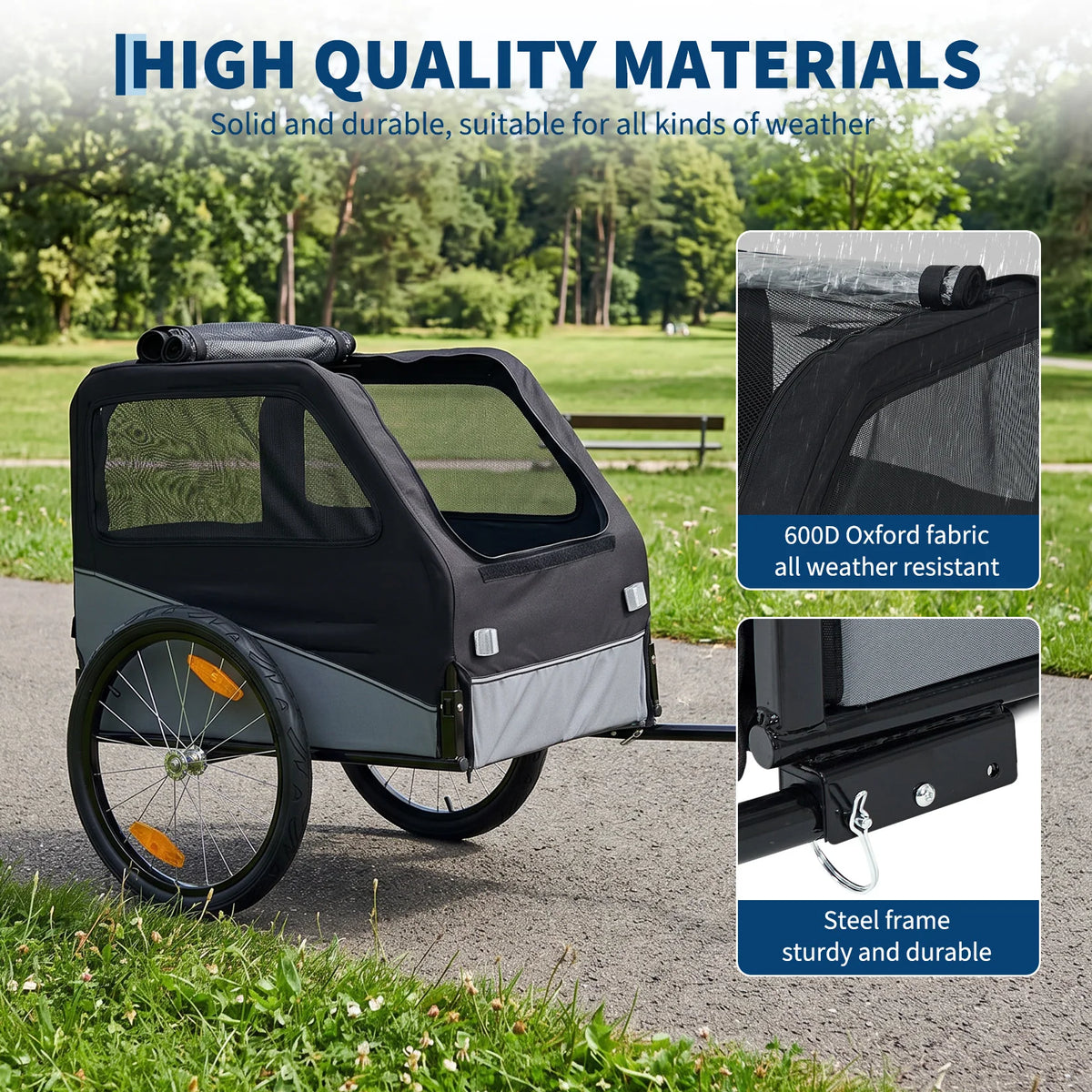 Foldable I YAN bike trailer for dogs with steel frame, Oxford fabric, mesh window, reflectors, suitable for medium to large dogs and cats.