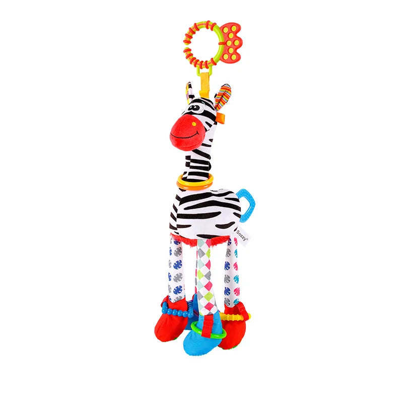Soft giraffe and zebra plush handbells with rattles and teether for infants, baby developmental toy from I YAN.