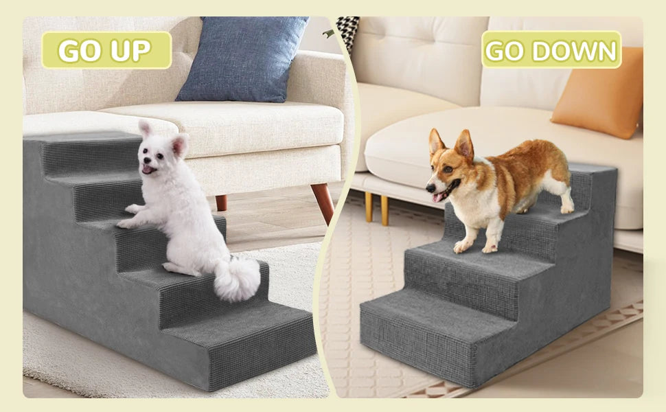 4-Tier/5-Tier Pet Stairs For Small Dogs & Cats, Non-Slip Bottom Design For High Beds & Couches, High-Density Foam Steps