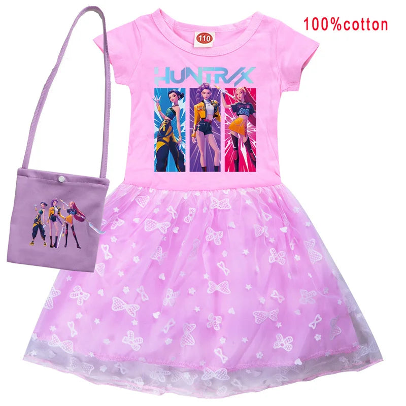 KPop Demon Hunters Rumi Dress Kids Summer Dress Baby Girl's Casual Dresses & Bag 2pcs Sets Lovely Wedding Party Princess Vestido