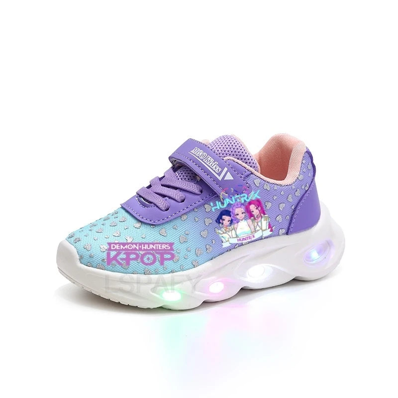 Kpop Demon Hunter LED Light Up Shoes 2026 Spring Autumn Mesh Soft Sole Cartoon Sneakers for Baby Girls Toddlers