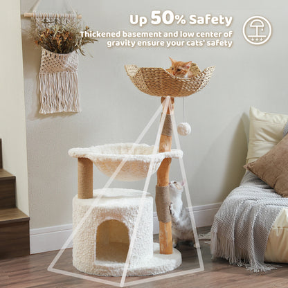 Modern cat tree by I YAN featuring natural wood construction, large wicker basket, spacious condo, and cozy hammock for indoor cats