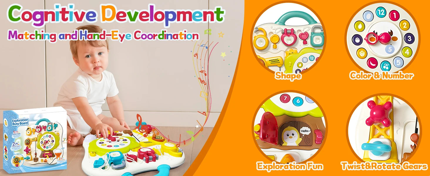 Colorful Montessori busy board sensory toy with LED lights and musical elements, designed for toddlers aged 1-3 by I YAN.