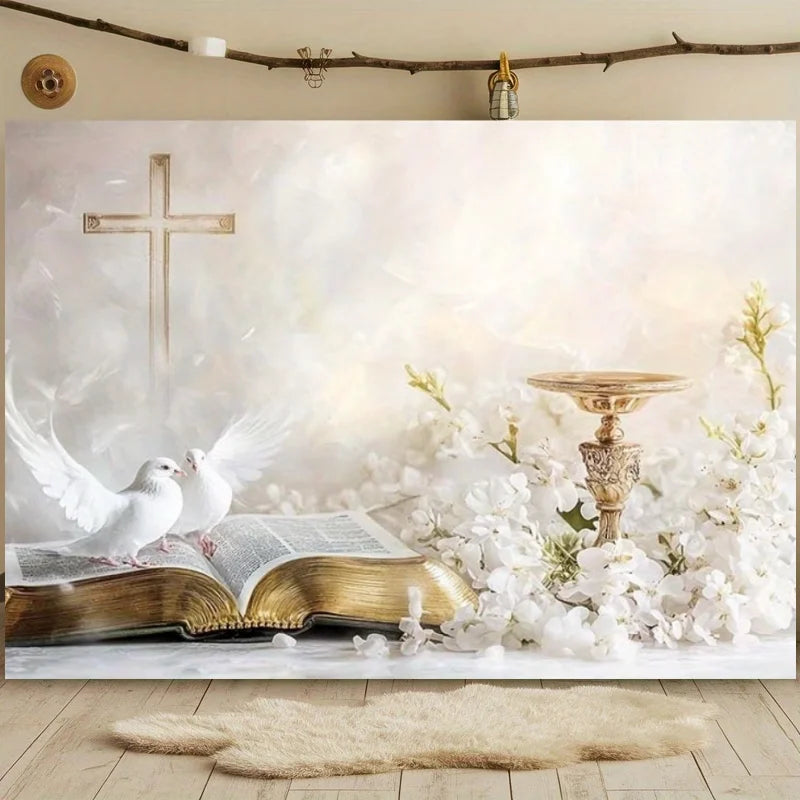 First Holy Communion Backdrop Flower Gold Cross Decor Boy Girl Baby Shower My Baptism Birthday Party Photography Background Prop