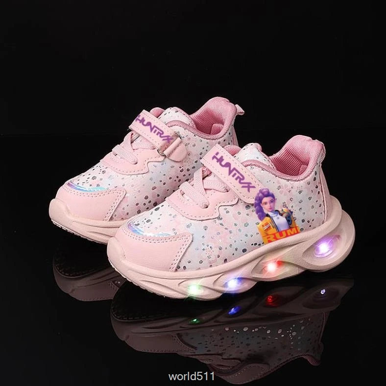 Children's LED Shoes Kpop Demon Hunter Light Up Sneakers Kids Mesh LED Shoes Flashing Lights Toddler Cartoon Sports Shoes Girls