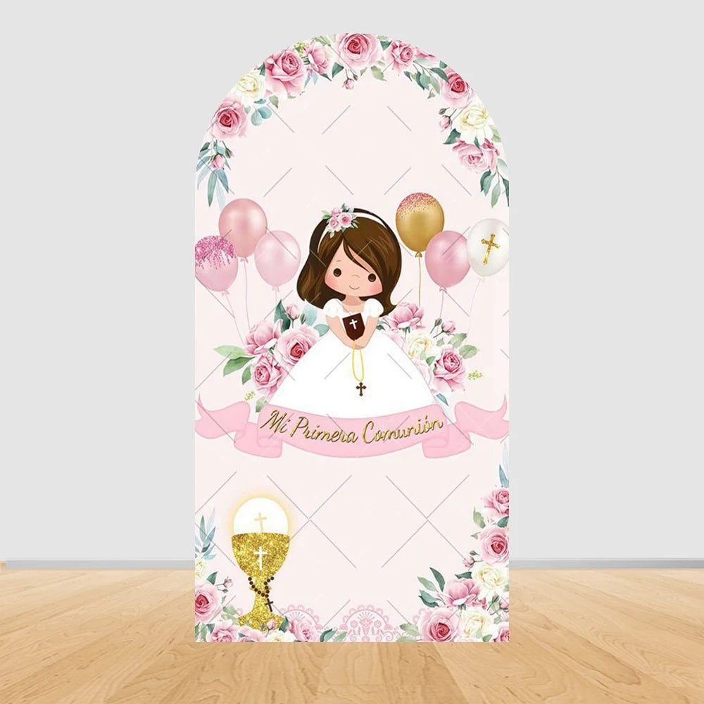 First Holy Communion Arch Backdrop Cover Boys Girls Christening God Bless Cross Green Leaves Decor Backgrounds for Photographs