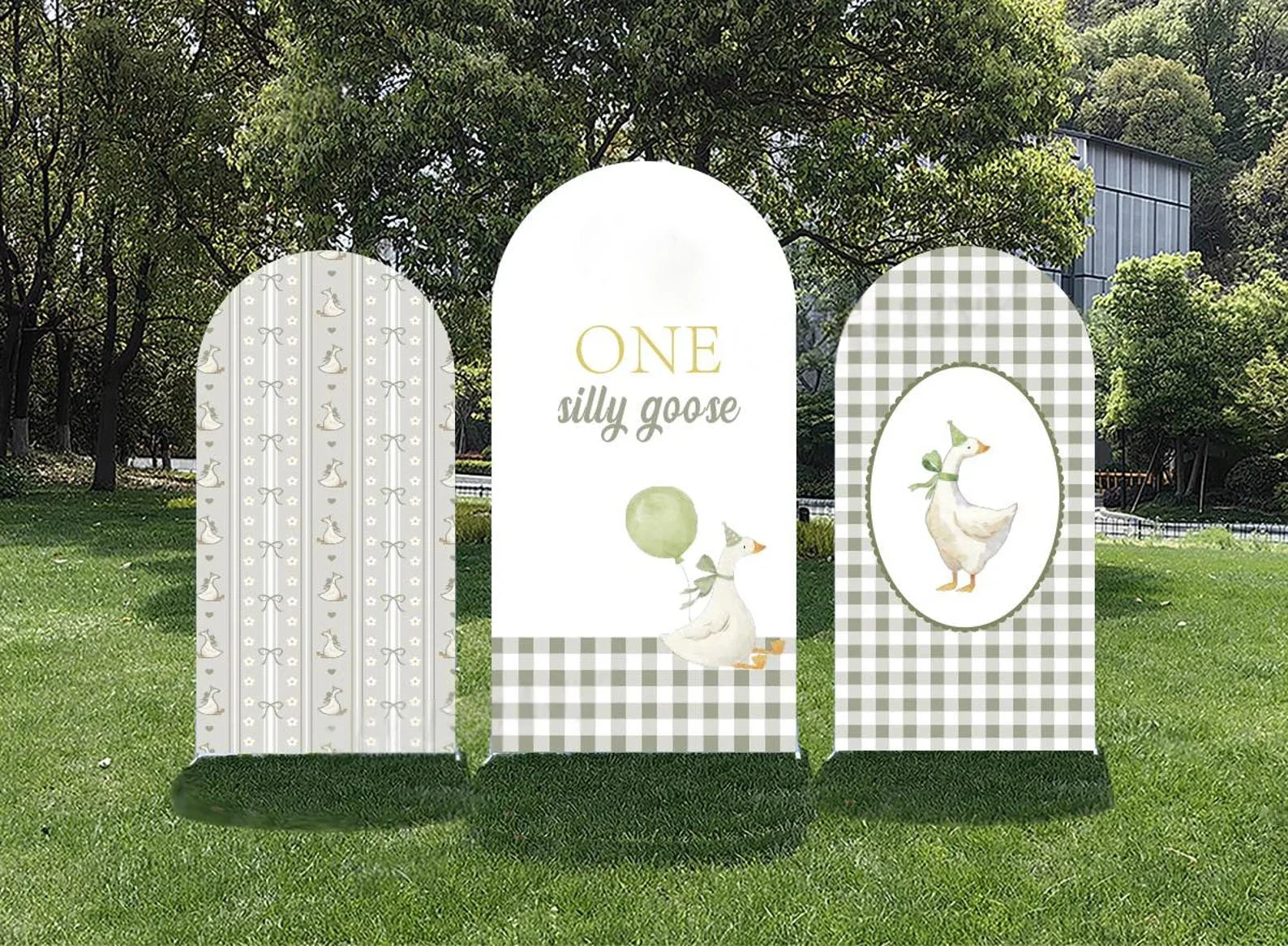 Custom 2-Sided Green Plaids One Silly Goose Pattern Arch Backdrop Cover Kids Birthday Party Baby Shower Decoration Background