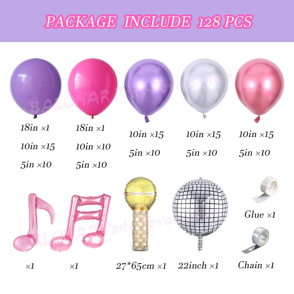 Hot Pink Purple Music Themed Balloon Arch Kit With Music Notes Microphone Mylar Balloon Period K-Pop Birthday Party Decor Globos