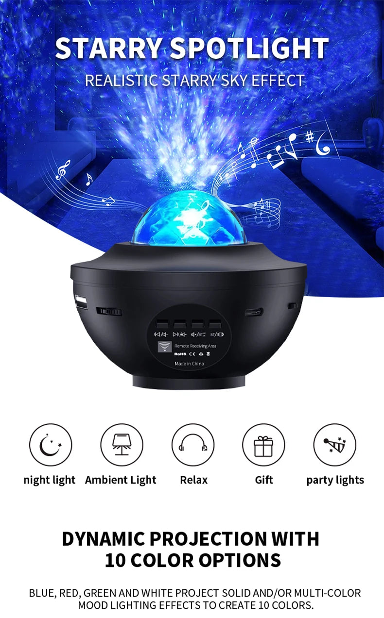 LED Starry Sky Projector Night Light Remote Control Switch USB Music Player Ocean Wave Galaxy Ambient Light Kids Birthday Gift