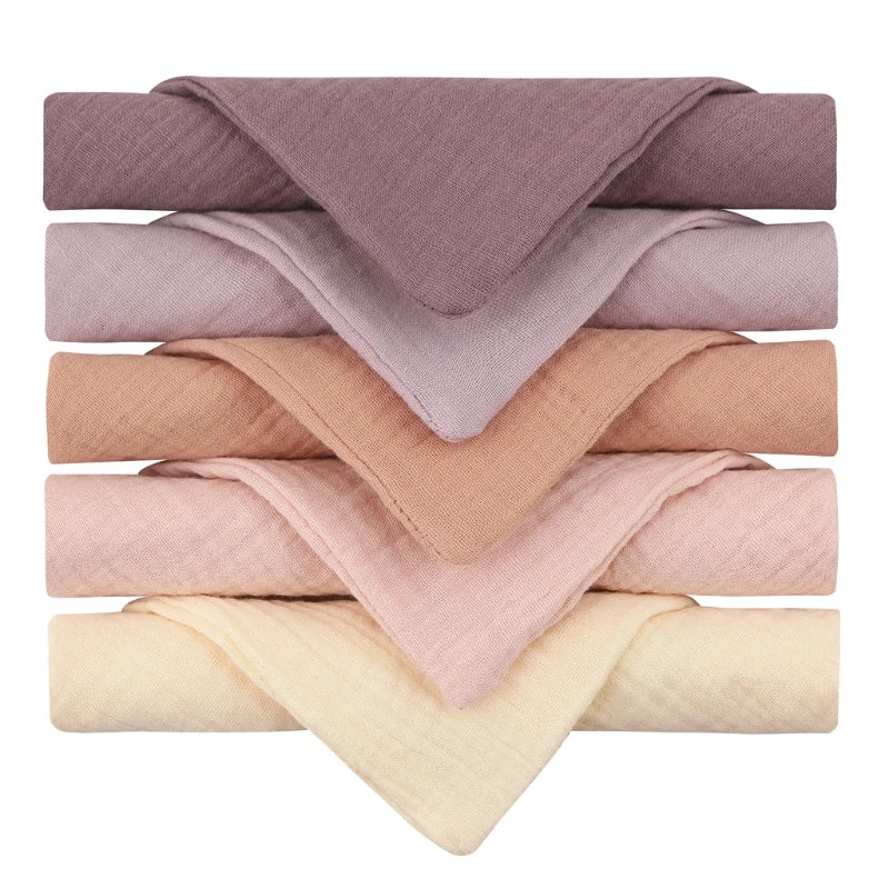 Set of five soft, absorbent square cotton baby face towels and burp cloths from I YAN, ideal for feeding and cleaning babies.